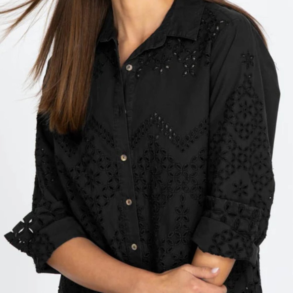 Johnny Was Eyelet Button-Down Shirt Black Size L